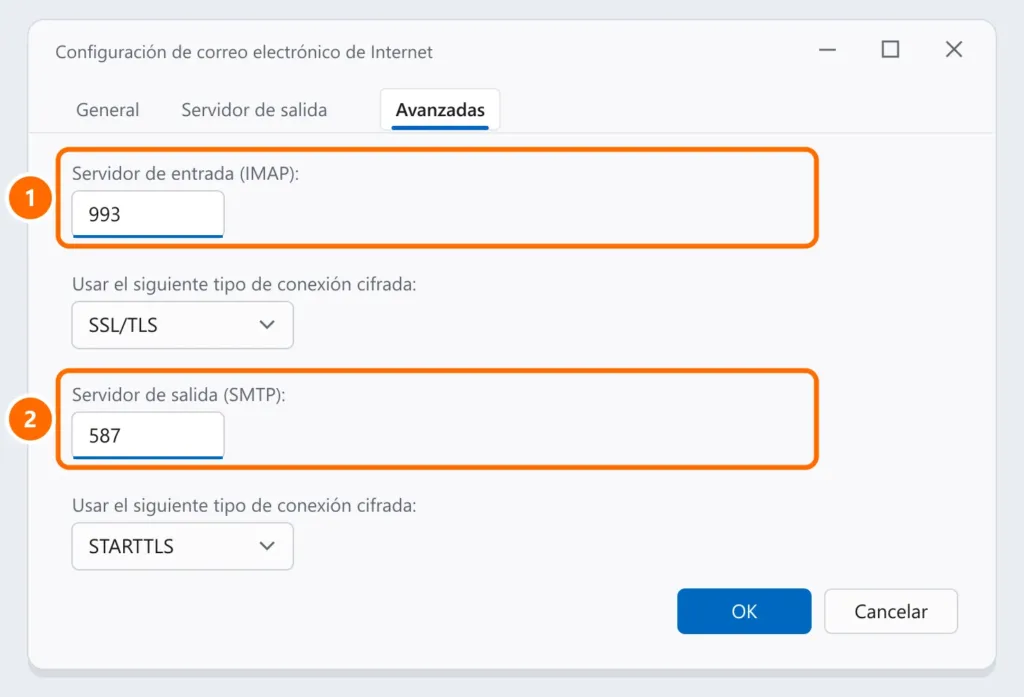 Configuración avanzada de correo de Outlook clásico con los puertos 993 (IMAP) y 587 (SMTP) y el cifrado destacados