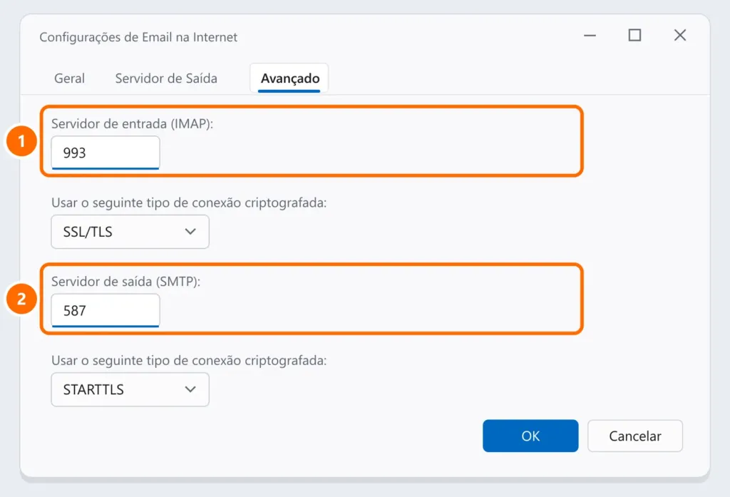 Configurações avançadas de e-mail do Outlook clássico com as portas 993 (IMAP) e 587 (SMTP) e a criptografia destacadas