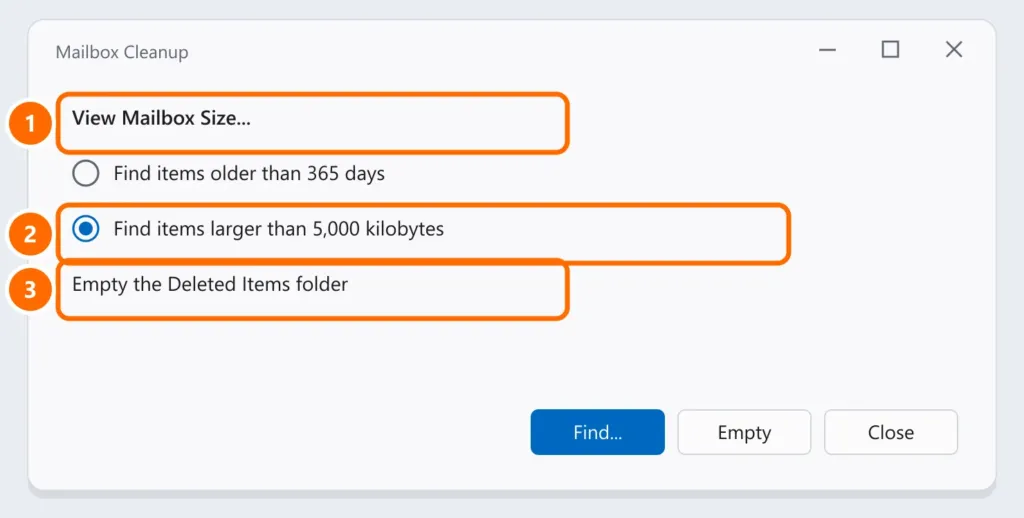 Outlook Mailbox Cleanup window with View Mailbox Size, finding large items and emptying Deleted Items highlighted
