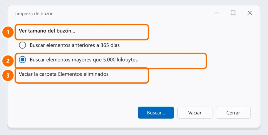 Ventana Limpieza de buzón de Outlook con Ver tamaño, la búsqueda de elementos grandes y Vaciar Elementos eliminados destacados