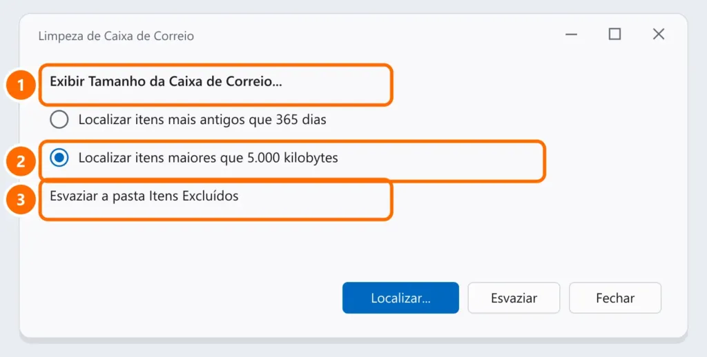 Janela Limpeza de Caixa de Correio do Outlook com Exibir Tamanho, a busca por itens grandes e Esvaziar Itens Excluídos destacados