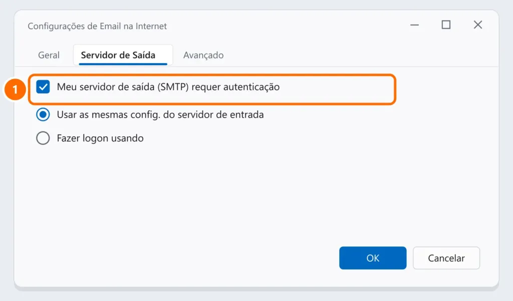 Aba Servidor de Saída do Outlook clássico com a opção de autenticação SMTP marcada e destacada