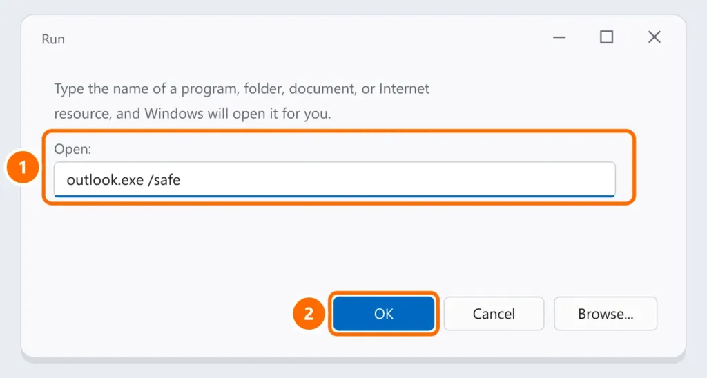 Run box with the outlook.exe /safe command highlighted