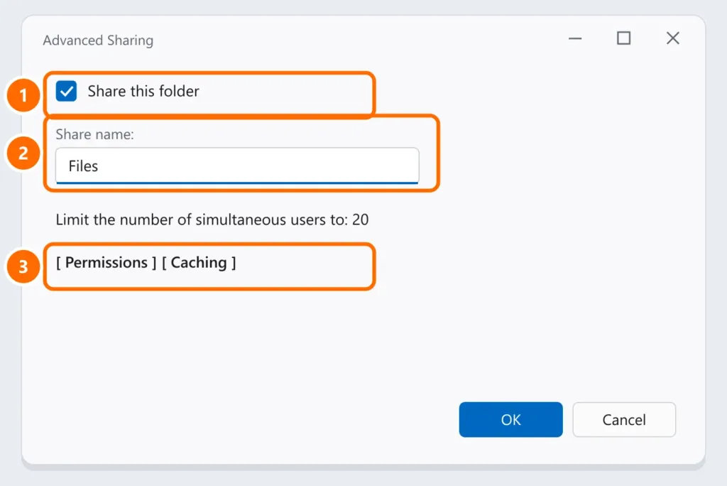 Advanced Sharing window with Share this folder checked, the share name and the Permissions button highlighted