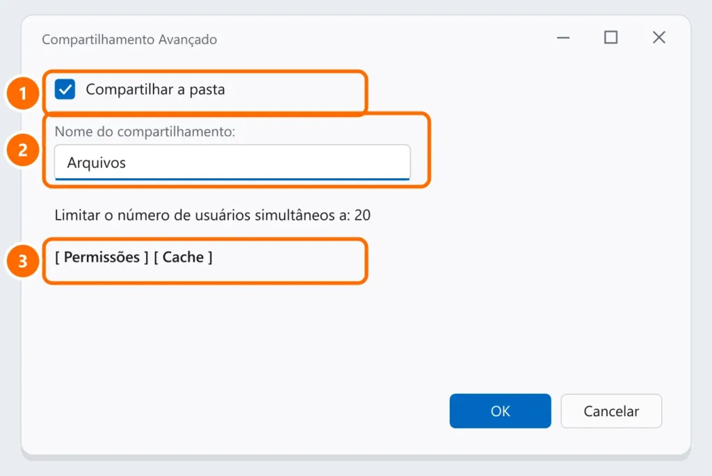 Janela Compartilhamento Avançado com Compartilhar a pasta marcada, o nome do compartilhamento e o botão Permissões destacados