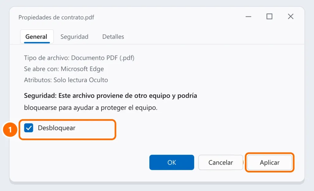 Propiedades de un PDF descargado con el aviso de que el archivo proviene de otro equipo y la casilla Desbloquear marcada y destacada