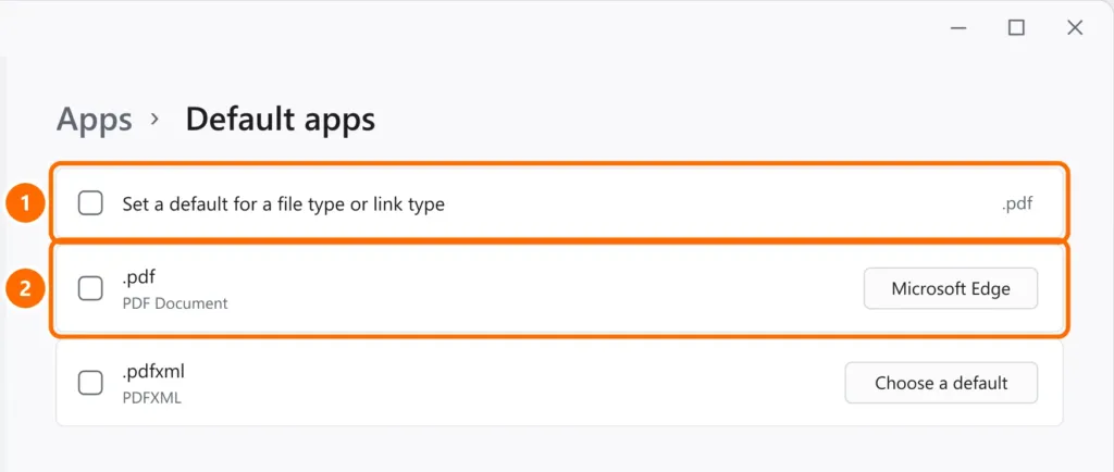 Default apps with a search for the .pdf extension and the app that opens PDFs highlighted
