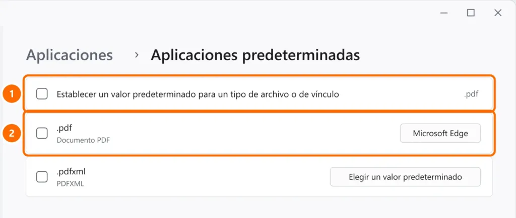 Aplicaciones predeterminadas con la búsqueda de la extensión .pdf y la aplicación que abre los PDF destacadas