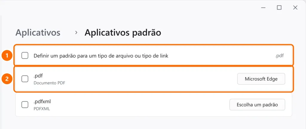 Aplicativos padrão com a busca pela extensão .pdf e o aplicativo que abre PDFs destacados