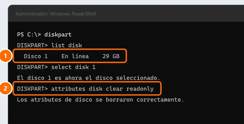 Símbolo del sistema con diskpart mostrando la memoria USB como Disco 1 y el comando attributes disk clear readonly completado