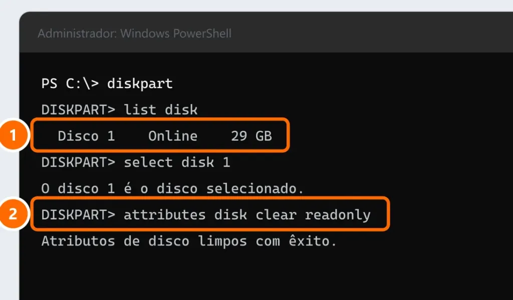 Prompt de comando com o diskpart listando o pen drive como Disco 1 e o comando attributes disk clear readonly concluído