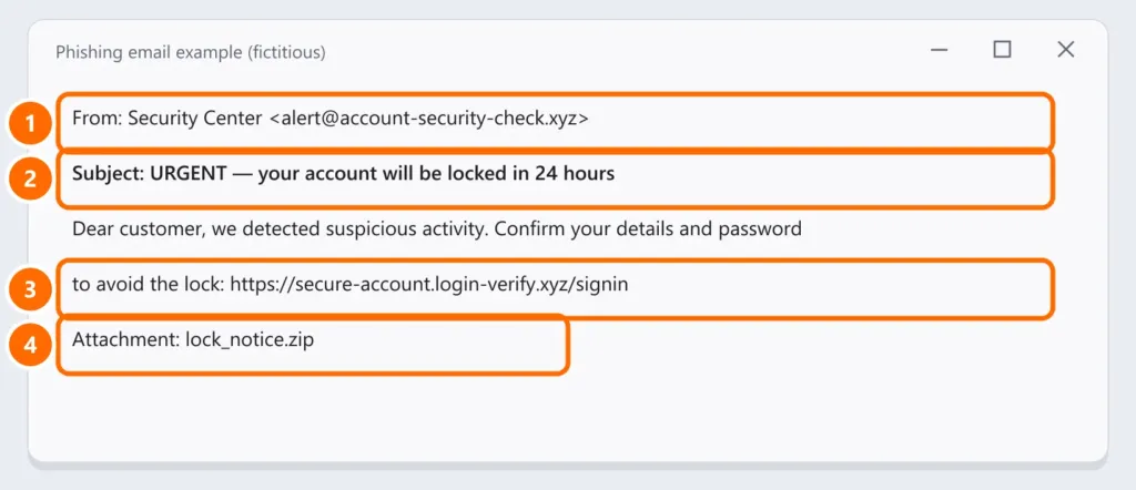 Fictitious phishing email example with an odd sender domain, urgent subject, fake link and .zip attachment highlighted