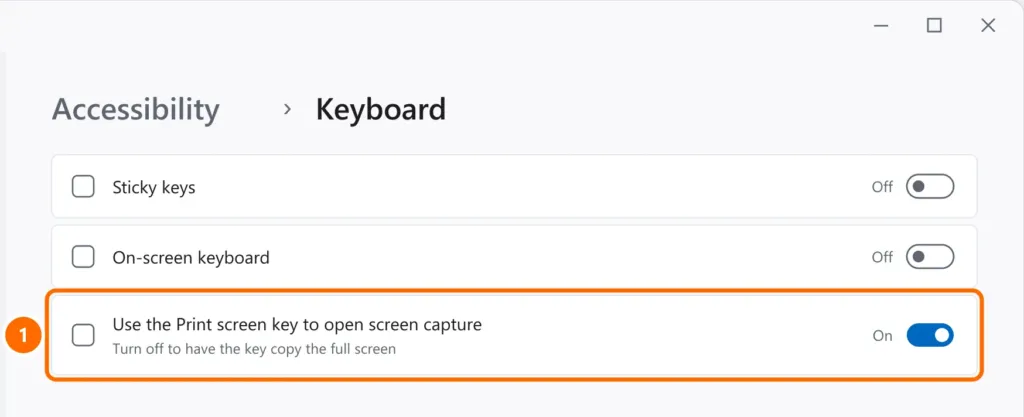 Accessibility › Keyboard settings with the option to use the Print screen key to open screen capture highlighted