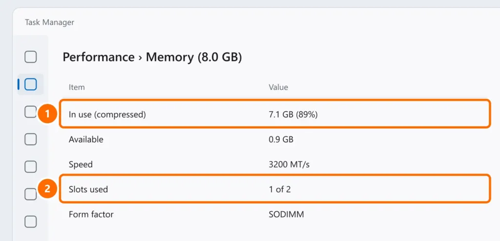 Task Manager on Performance › Memory with usage at 89% and Slots used 1 of 2 highlighted
