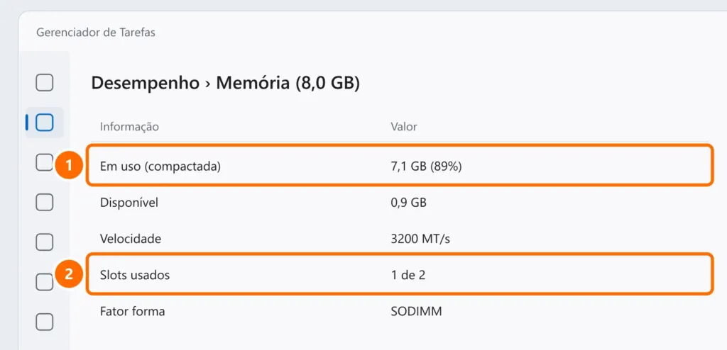 Gerenciador de Tarefas em Desempenho › Memória com o uso em 89% e Slots usados 1 de 2 destacados