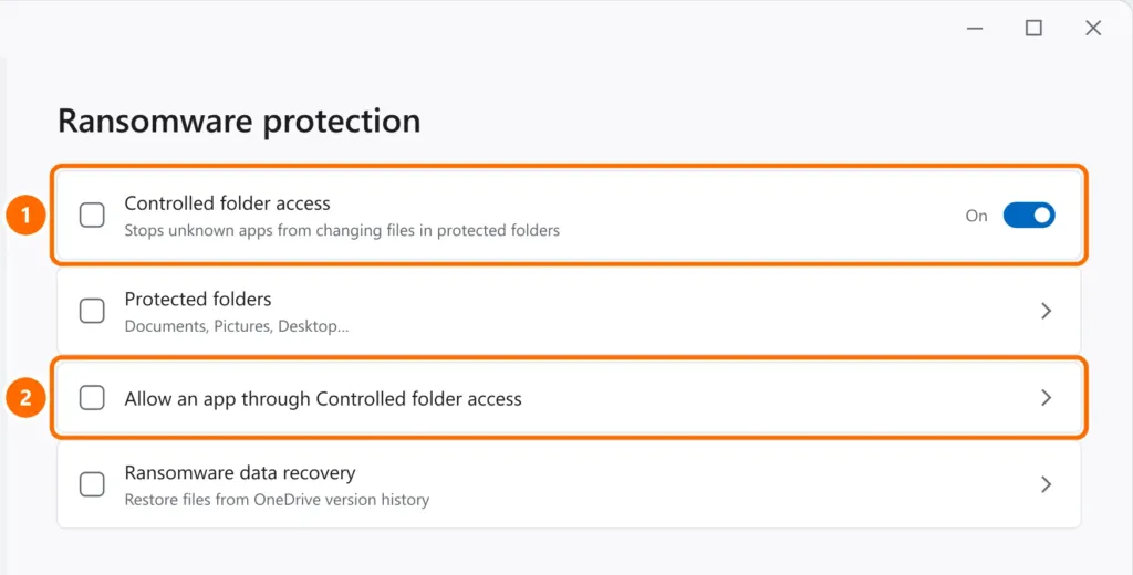 Windows Security Ransomware protection with Controlled folder access on and the option to allow an app highlighted