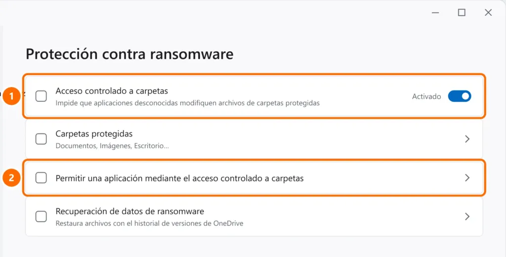 Seguridad de Windows en Protección contra ransomware con el Acceso controlado a carpetas activado y la opción de permitir una aplicación destacados