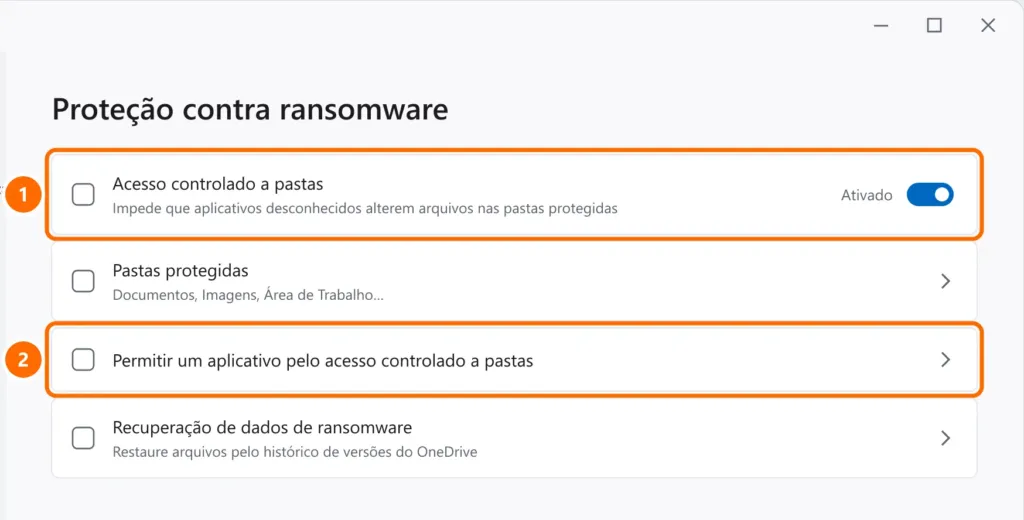 Segurança do Windows em Proteção contra ransomware com o Acesso controlado a pastas ativado e a opção de permitir um aplicativo destacados