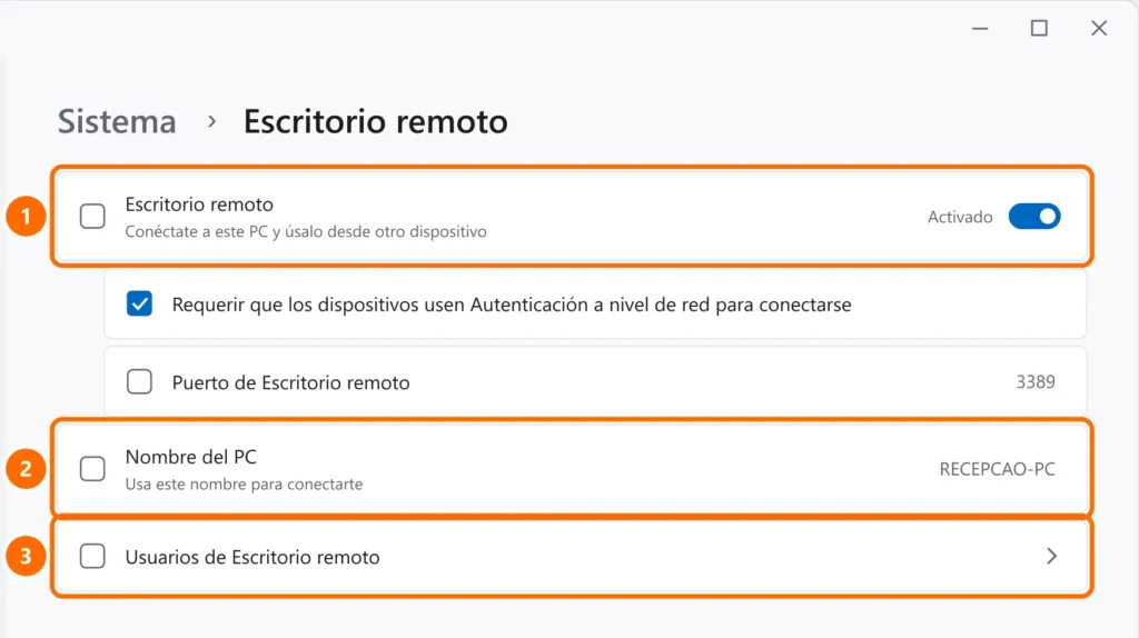 Configuración de Escritorio remoto con el interruptor activado, el nombre del PC y Usuarios de Escritorio remoto destacados