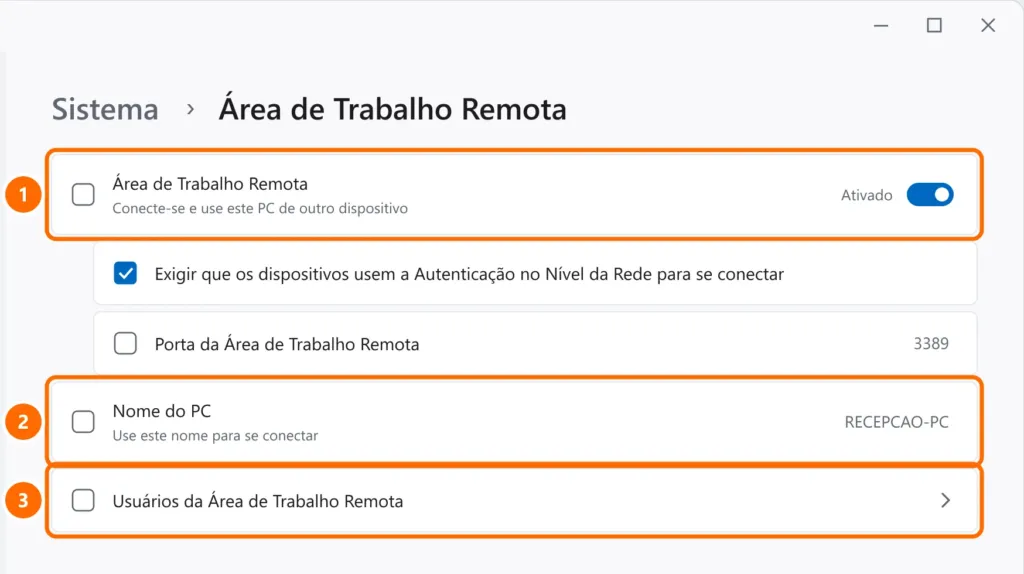 Configurações da Área de Trabalho Remota com a chave ativada, o nome do PC e Usuários da Área de Trabalho Remota destacados