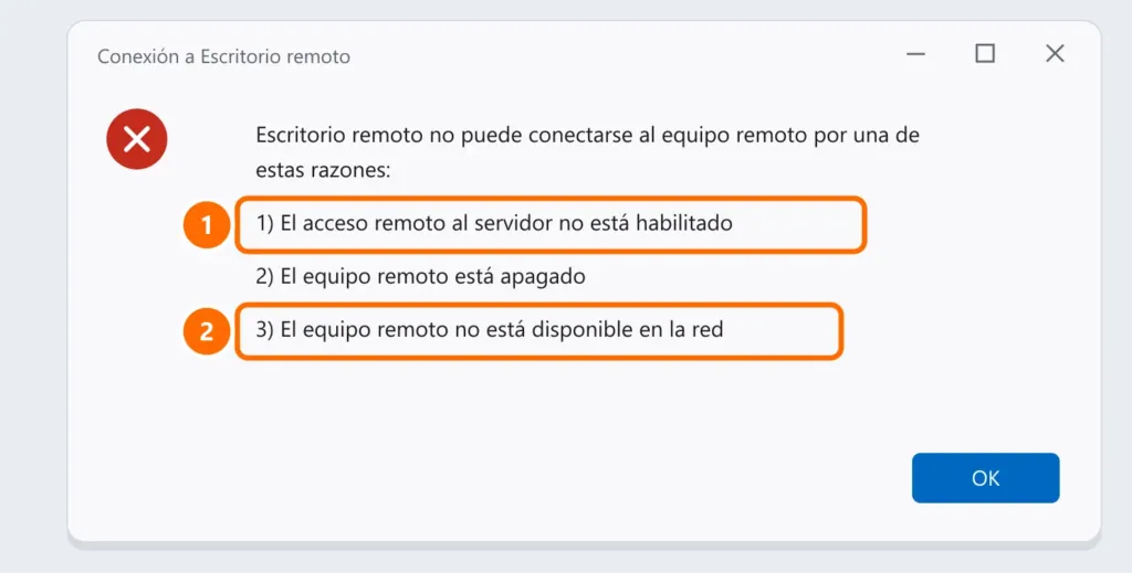 Error de Conexión a Escritorio remoto con los tres motivos posibles, con acceso remoto no habilitado y equipo no disponible en la red destacados