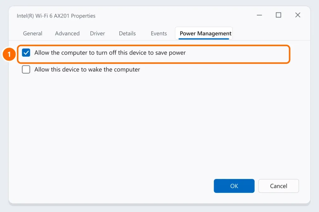 Wi-Fi adapter Power Management tab with the option to turn off the device to save power highlighted