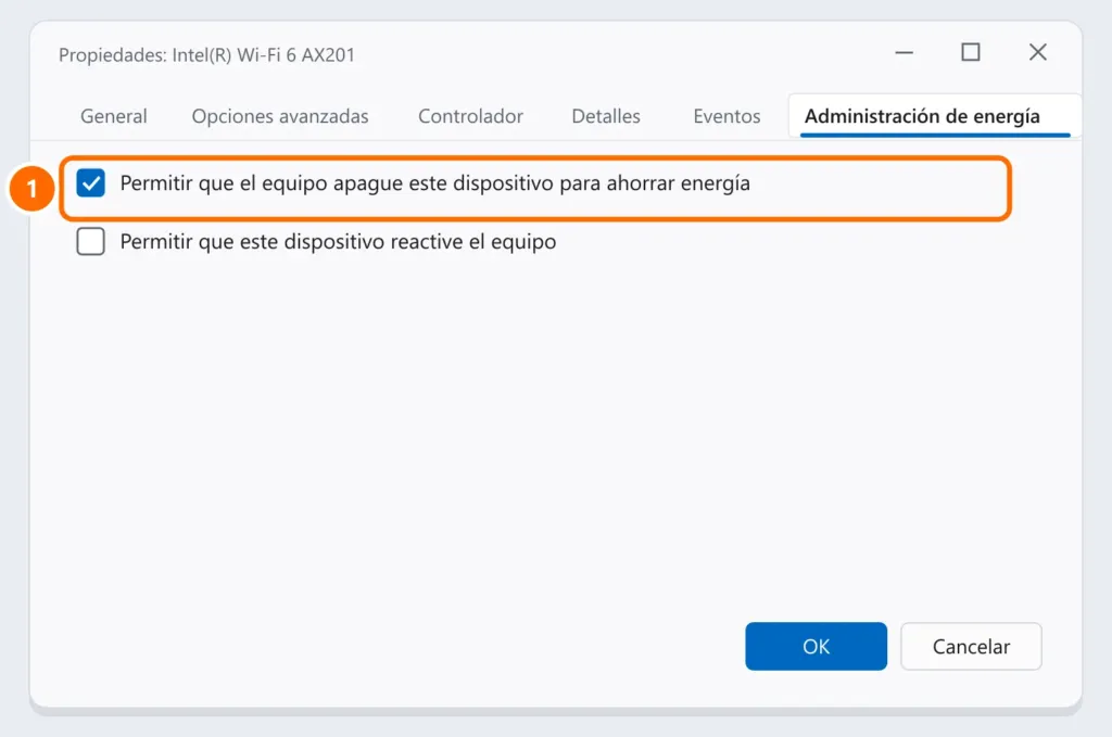 Pestaña Administración de energía del adaptador Wi-Fi con la opción de apagar el dispositivo para ahorrar energía destacada