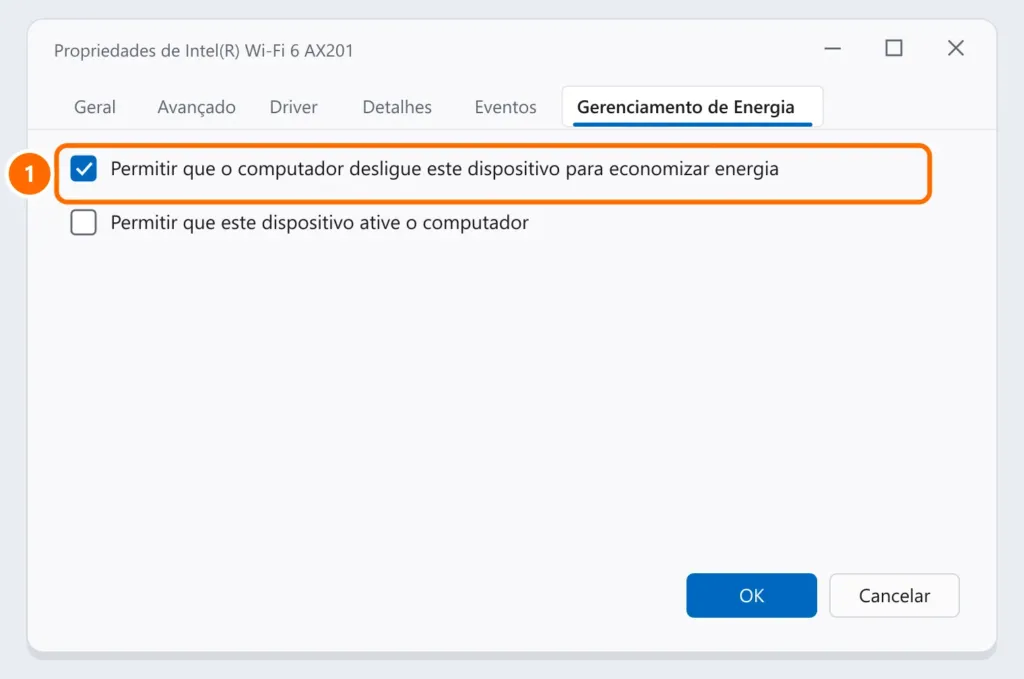 Aba Gerenciamento de Energia do adaptador Wi-Fi com a opção de desligar o dispositivo para economizar energia destacada