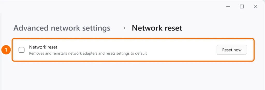 Windows 11 Network reset page with the Reset now button highlighted