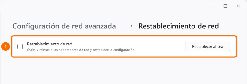 Pantalla Restablecimiento de red de Windows 11 con el botón Restablecer ahora destacado