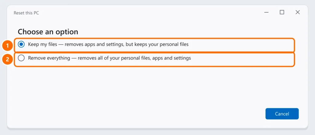 Reset this PC window with the Keep my files and Remove everything options highlighted