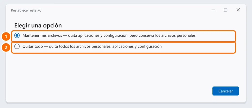 Ventana Restablecer este PC con las opciones Mantener mis archivos y Quitar todo destacadas