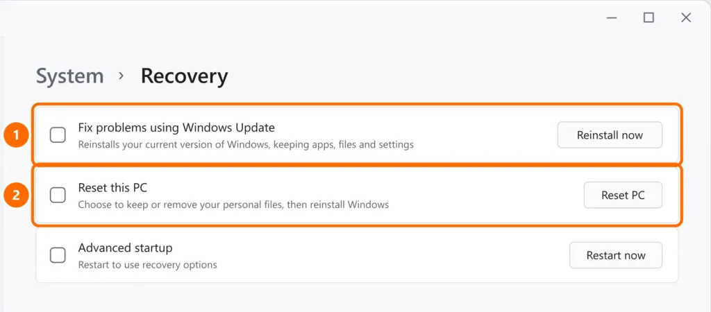 Recovery settings with Fix problems using Windows Update and Reset this PC highlighted