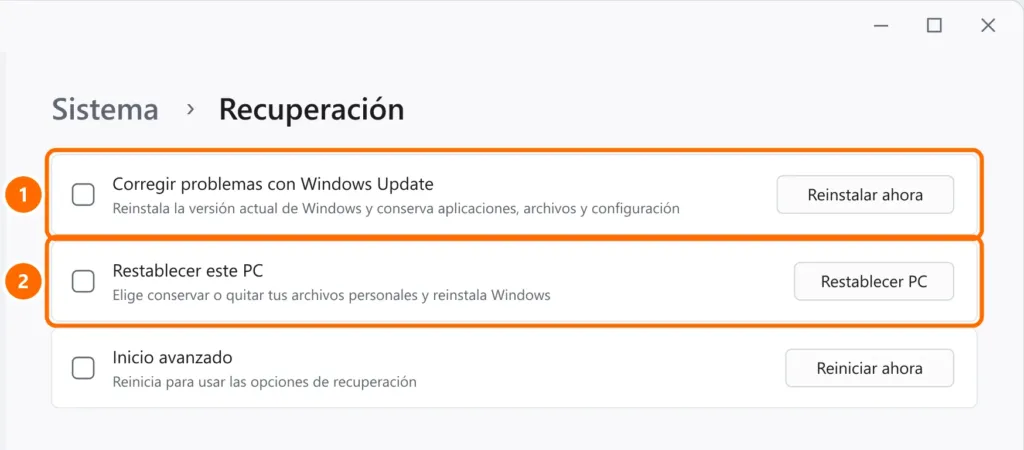 Configuración de Recuperación con Corregir problemas con Windows Update y Restablecer este PC destacados