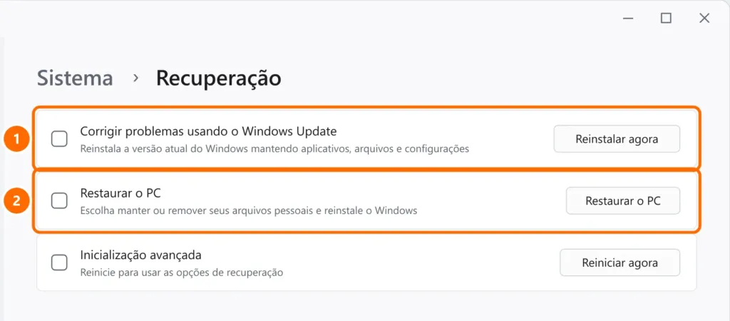 Configurações de Recuperação com Corrigir problemas usando o Windows Update e Restaurar o PC destacados