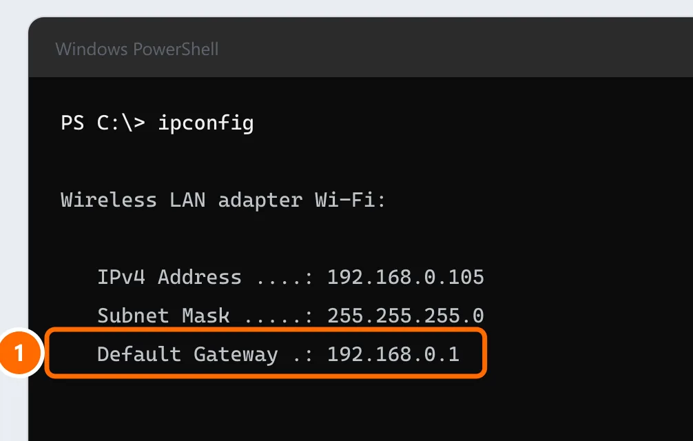 ipconfig output with Default Gateway 192.168.0.1 highlighted