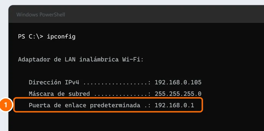 Resultado de ipconfig con la Puerta de enlace predeterminada 192.168.0.1 destacada