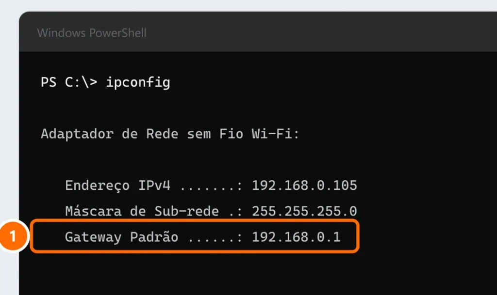 Resultado do ipconfig com o Gateway Padrão 192.168.0.1 destacado