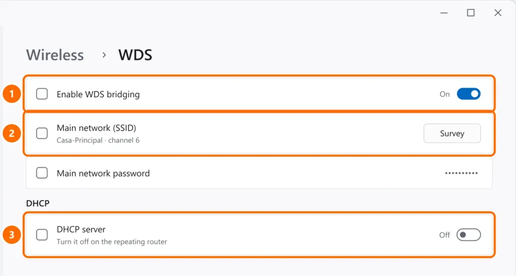 Generic router admin page on the WDS section with bridging on, main network survey and DHCP off highlighted
