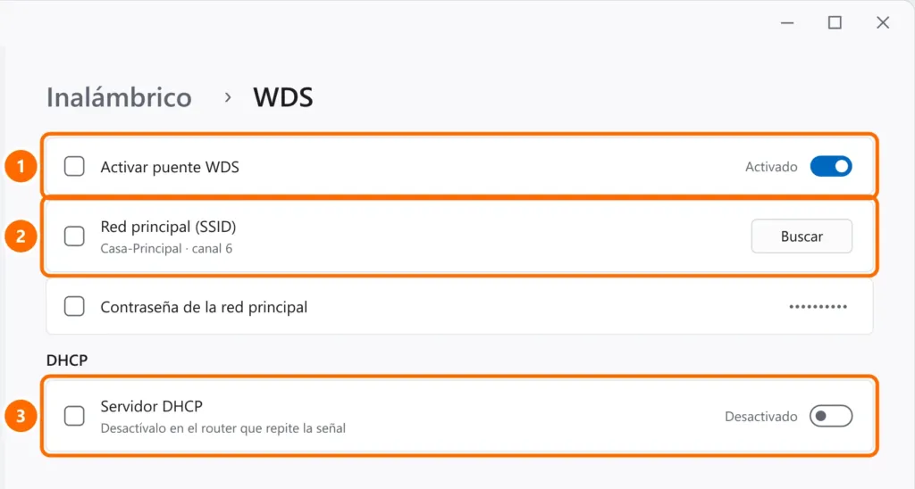 Panel genérico de router en la sección WDS con el puente activado, la búsqueda de la red principal y el DHCP desactivado destacados