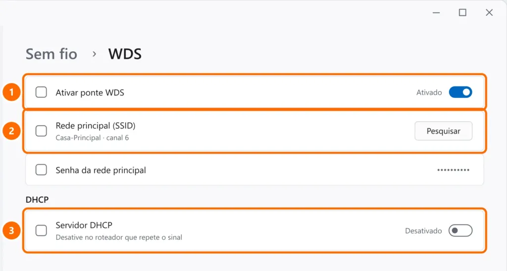 Painel genérico de roteador na seção WDS com a ponte ativada, a pesquisa da rede principal e o DHCP desativado destacados