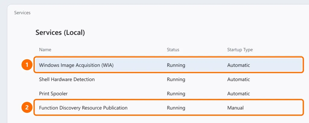 Services window with Windows Image Acquisition (WIA) running and automatic, and Function Discovery Resource Publication highlighted