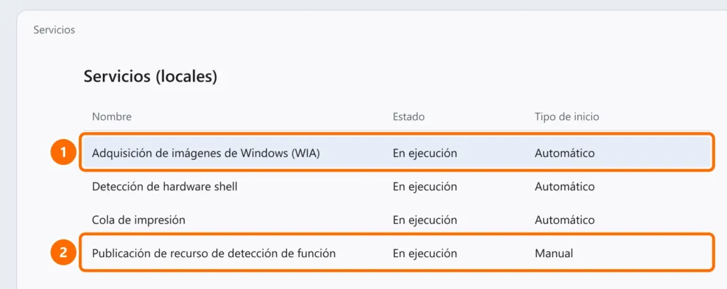 Ventana Servicios con Adquisición de imágenes de Windows (WIA) en ejecución y automático, y Publicación de recurso de detección de función destacados