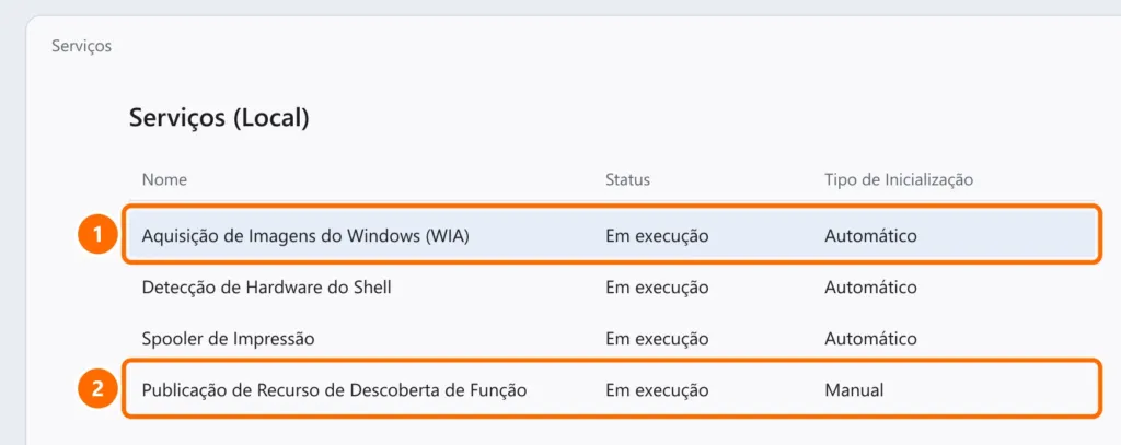 Janela Serviços com Aquisição de Imagens do Windows (WIA) em execução e automático, e Publicação de Recurso de Descoberta de Função destacados