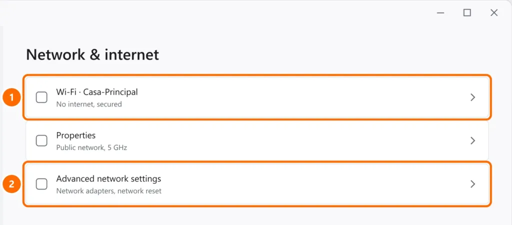 Network & internet settings with Wi-Fi connected showing No internet and Advanced network settings highlighted