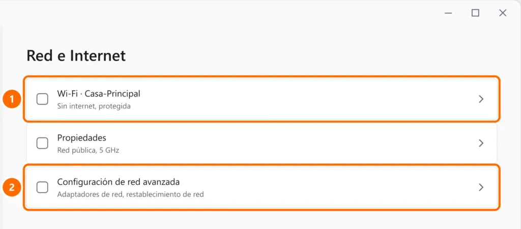 Configuración de Red e Internet con el Wi-Fi conectado que muestra Sin internet y Configuración de red avanzada destacados