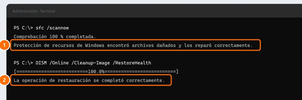 Terminal como administrador con sfc /scannow reparando archivos dañados y DISM completando la restauración correctamente