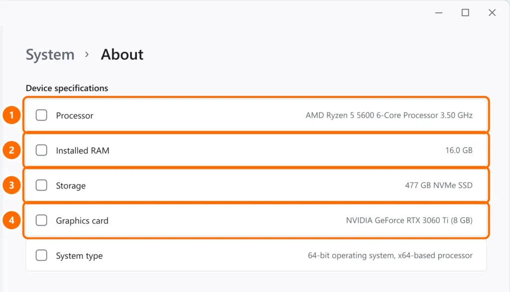 Settings under System › About with processor, installed RAM, storage and graphics card highlighted