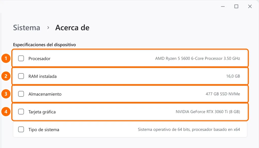 Configuración en Sistema › Acerca de con procesador, RAM instalada, almacenamiento y tarjeta gráfica destacados