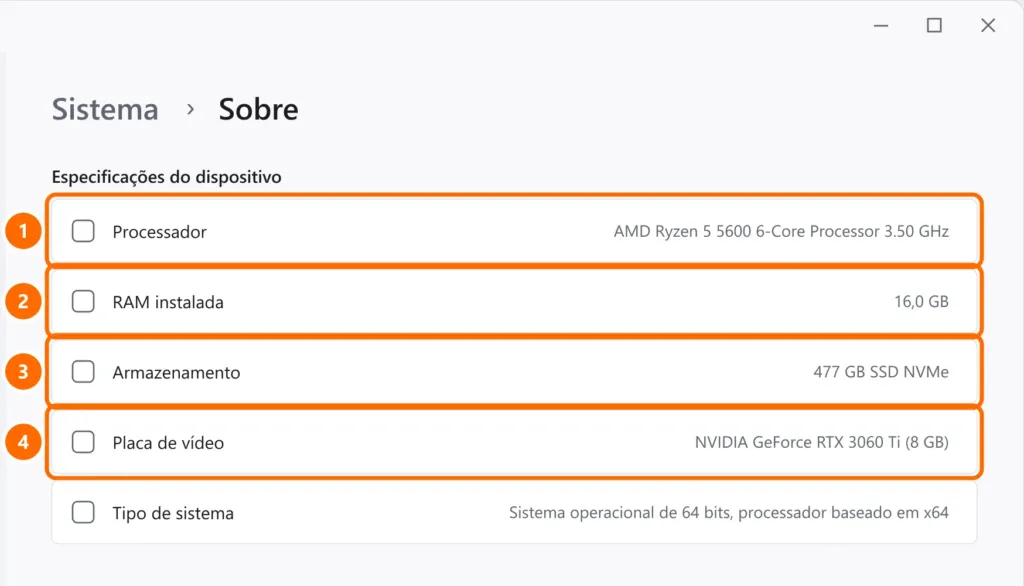 Configurações em Sistema › Sobre com processador, RAM instalada, armazenamento e placa de vídeo destacados